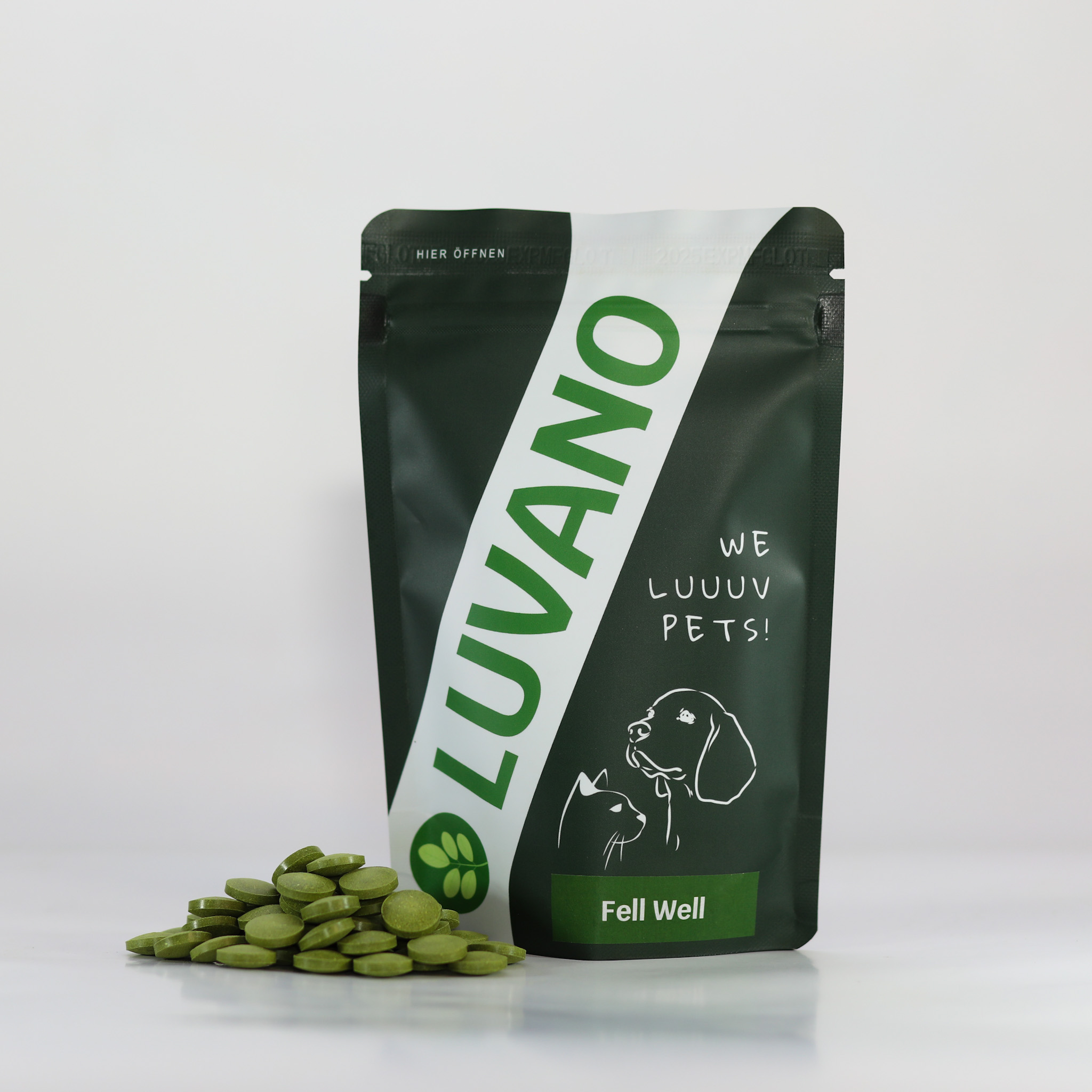 Luvano VAYNO Fell Well Tabletten für Hunde vor Standbeutel