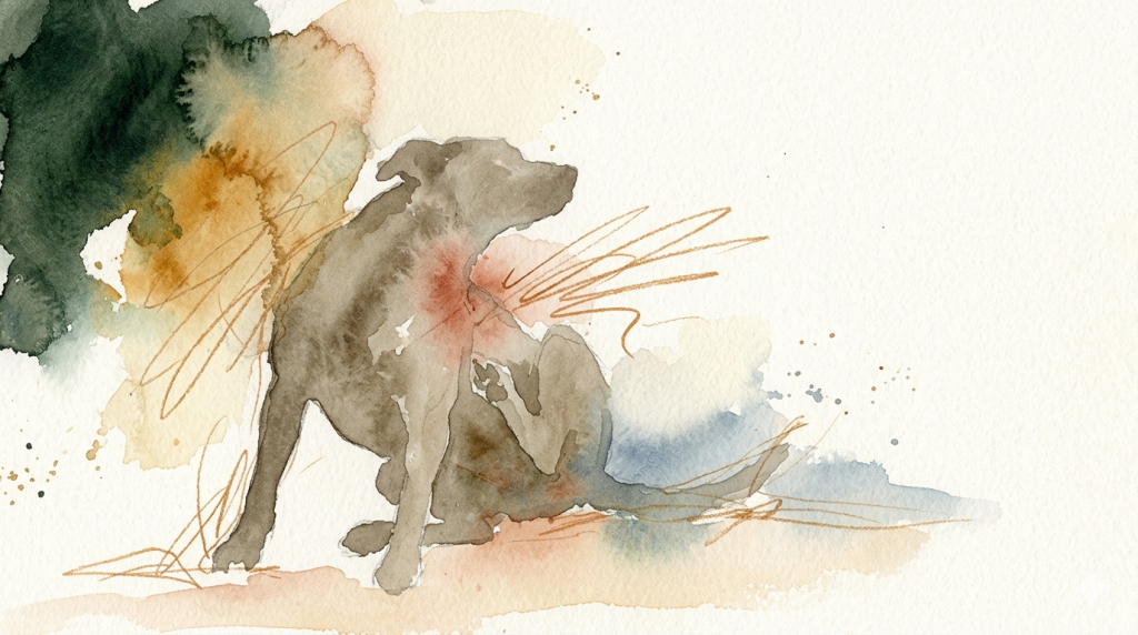 Aquarell: Hundesilhouette in Kratzbewegung — Hinterbein angehoben, leichte Rötung an der Flanke angedeutet.