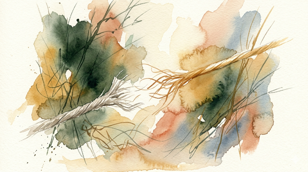 Aquarell: zwei Fasern nebeneinander – links ausgefranst und blass, rechts golden-glänzend und intakt.