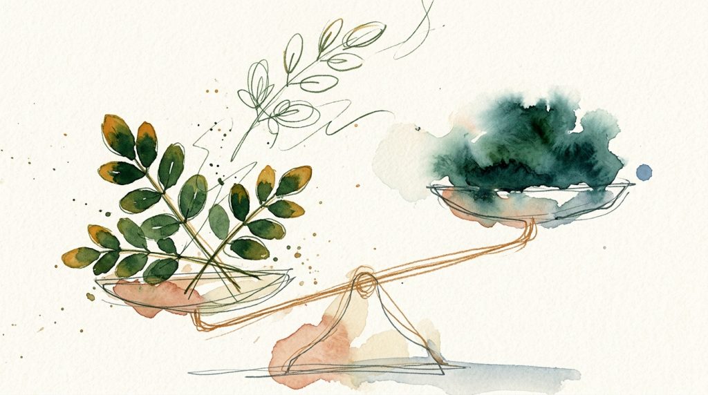 Aquarell-Waage mit Moringa-Blättern links und Spirulina-Masse rechts, linke Seite hängt tiefer.