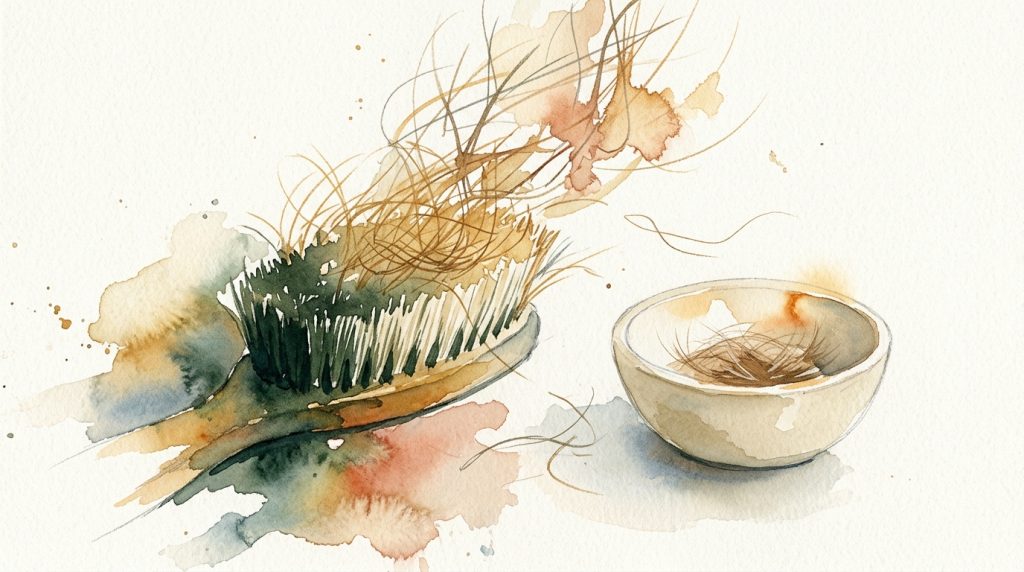 Aquarell: Naturbürste mit losen Hundehaaren neben einer kleinen Keramikschale mit gesammeltem Fell.