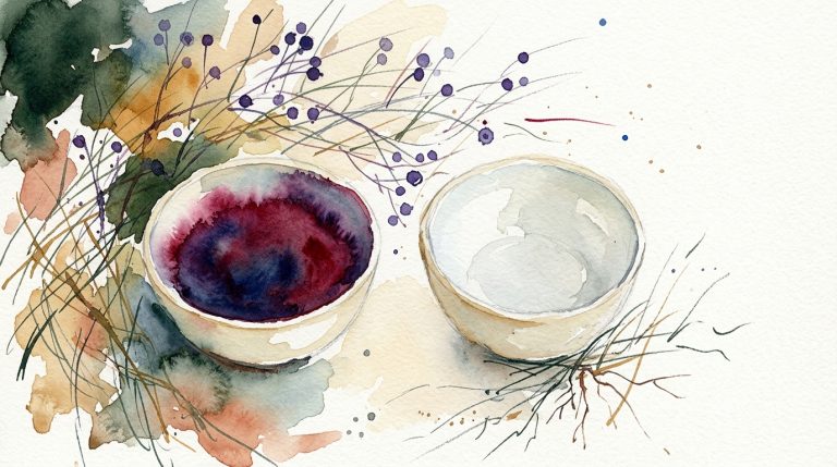 Zwei Keramikschalen nebeneinander: linke mit tiefviolettem Inneren, rechte fast weiß — Aquarell, locker.
