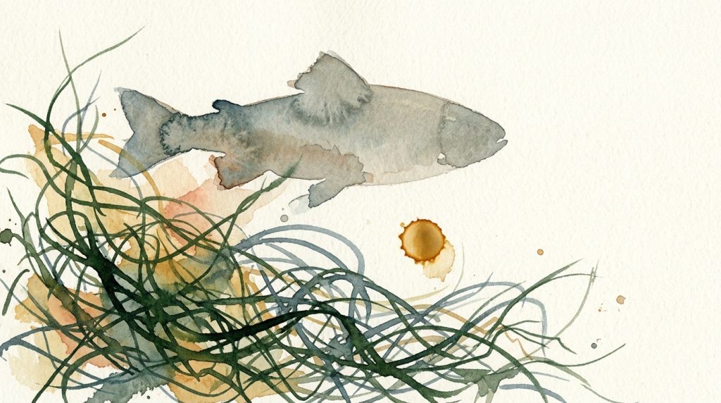 Aquarell: Fischsilhouette in Blaugrau über grünen Algenfäden, dazwischen ein goldener Öltropfen.
