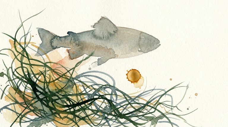 Aquarell: Fischsilhouette in Blaugrau über grünen Algenfäden, dazwischen ein goldener Öltropfen.