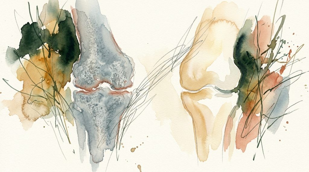 Aquarell zweier Gelenke nebeneinander – links rau und verbraucht, rechts glatt und warm beleuchtet.
