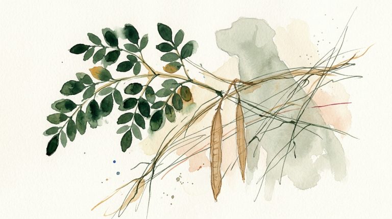 Aquarell: Moringa-Zweig mit Blättern und Schoten, im Hintergrund eine blasse Hundesilhouette.