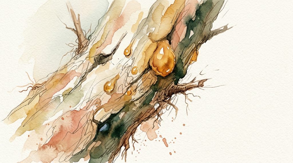 Aquarell: Baumrinde des Weihrauchbaums mit bernsteinfarbenen Harztropfen, warm beleuchtet, auf strukturiertem Papier.