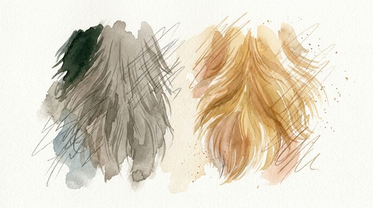 Aquarell: zwei Hundefell-Büschel nebeneinander — links stumpf und grau, rechts warm-golden und glänzend.