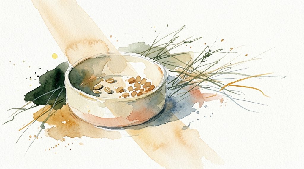 Aquarell: Hundenapf mit Futter im Sonnenlichtstreifen, locker skizzierte Grashalme, cremefarbener Hintergrund.