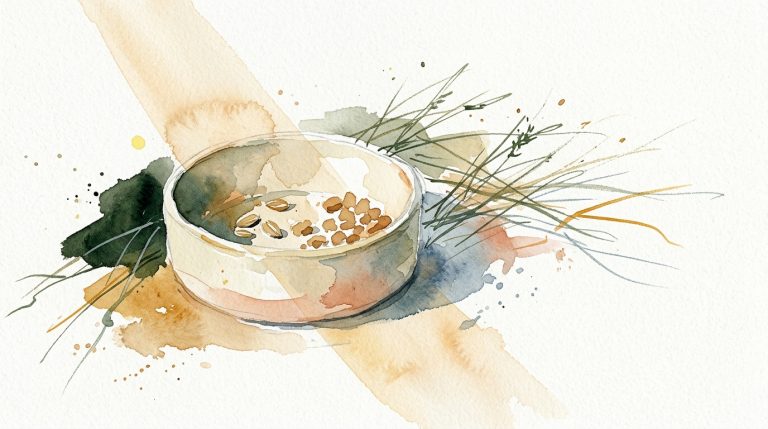 Aquarell: Hundenapf mit Futter im Sonnenlichtstreifen, locker skizzierte Grashalme, cremefarbener Hintergrund.