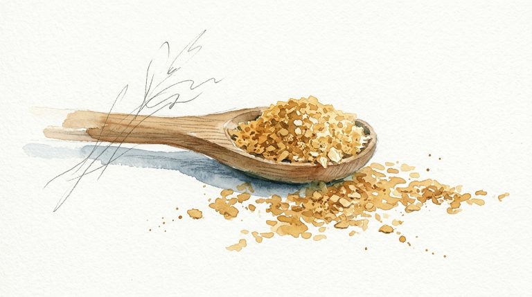 Aquarell: Holzlöffel mit goldenen Bierhefe-Flocken, die sich locker auf hellem Papier verteilen.