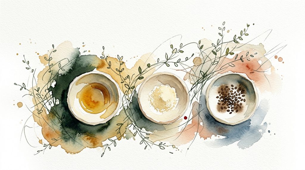 Aquarell: drei kleine Keramikschälchen mit Öl, Pulver und Samen, botanische Kräuterzweige dahinter, heller Hintergrund.