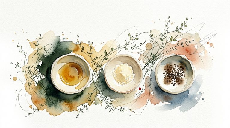 Aquarell: drei kleine Keramikschälchen mit Öl, Pulver und Samen, botanische Kräuterzweige dahinter, heller Hintergrund.