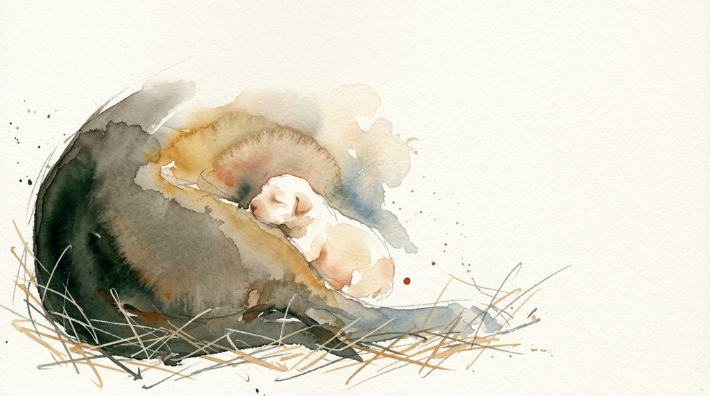 Aquarell: winziger Welpe schmiegt sich an die Flanke einer großen Hündin, umgeben von Stroh.