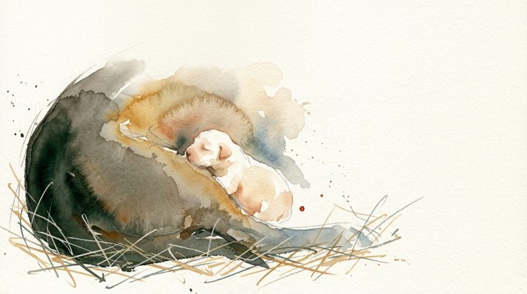 Aquarell: winziger Welpe schmiegt sich an die Flanke einer großen Hündin, umgeben von Stroh.