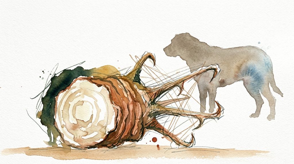 Aquarell: Teufelskralle-Wurzel mit charakteristischen Haken, dahinter ruhende Hundesilhouette in Grautönen.