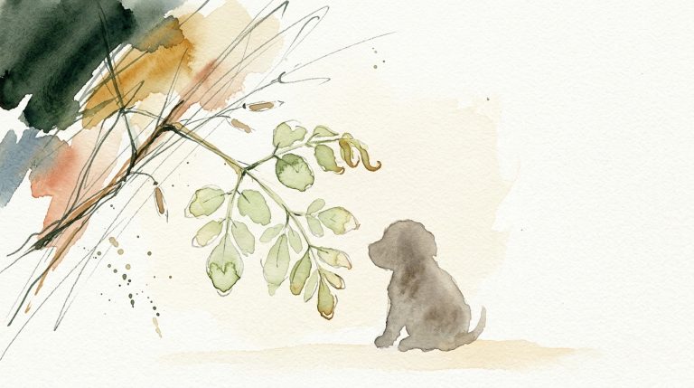 Aquarell: Junger Moringa-Zweig mit zarten Blättern, daneben kleine Welpen-Silhouette auf cremefarbenem Papier.