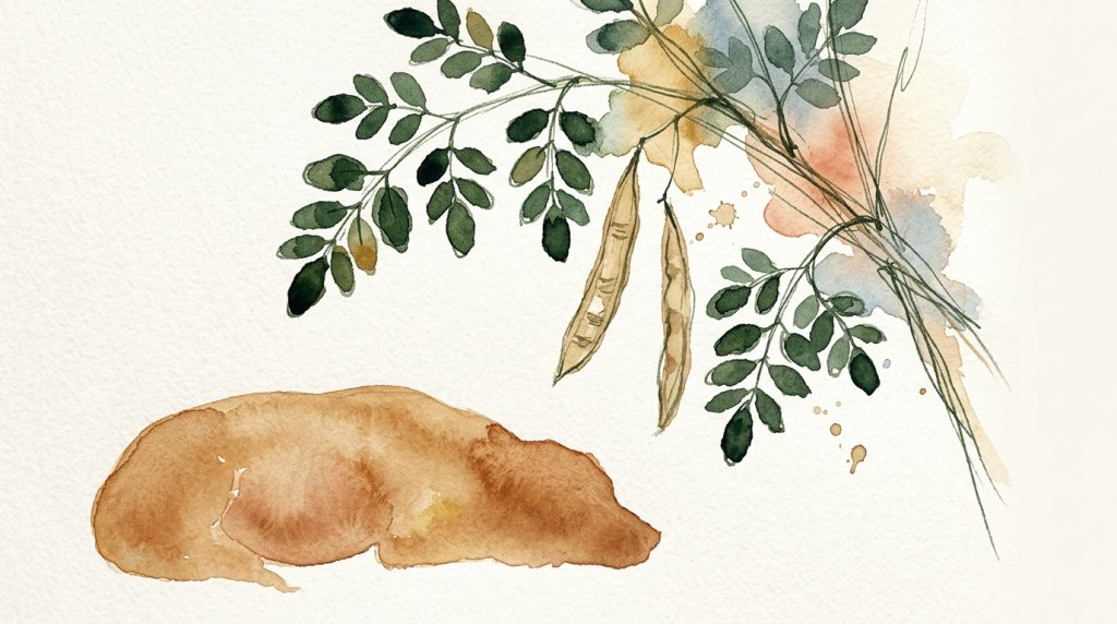 Aquarell: Moringa-Zweig mit Schoten über der runden Silhouette einer liegenden trächtigen Hündin.