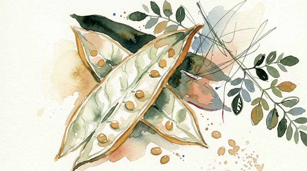 Aquarell einer aufgeschnittenen Moringa-Schote mit Samen und Moringa-Zweig mit kleinen Blättern auf hellem Papier.
