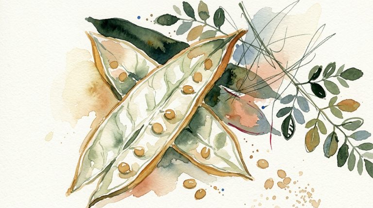 Aquarell einer aufgeschnittenen Moringa-Schote mit Samen und Moringa-Zweig mit kleinen Blättern auf hellem Papier.