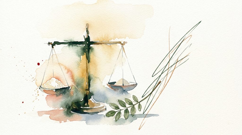 Aquarell einer Apothekerwaage: linke Schale überläuft mit Pulver, rechte Schale präzise gefüllt, daneben ein kleines Blatt.