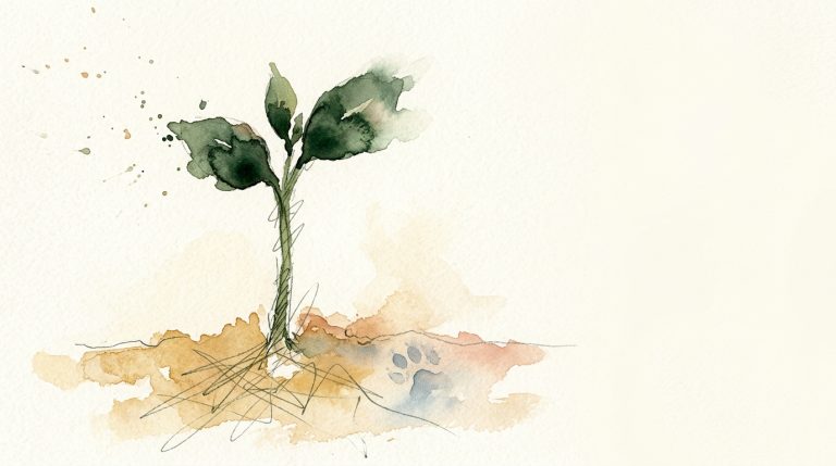 Aquarell: Zarter Pflanzenspross wächst aus warmem Boden, daneben ein leiser Pfotenabdruck im Sand.