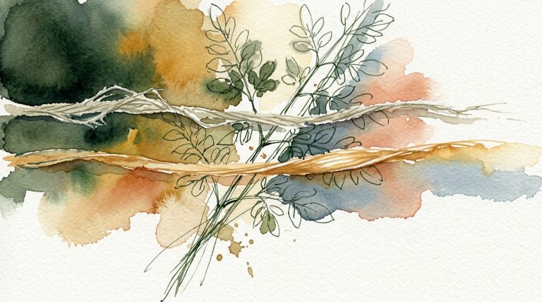 Aquarell: zwei Seidenfäden nebeneinander — einer matt und fransig, einer golden glänzend — mit Moringa-Zweig dahinter.