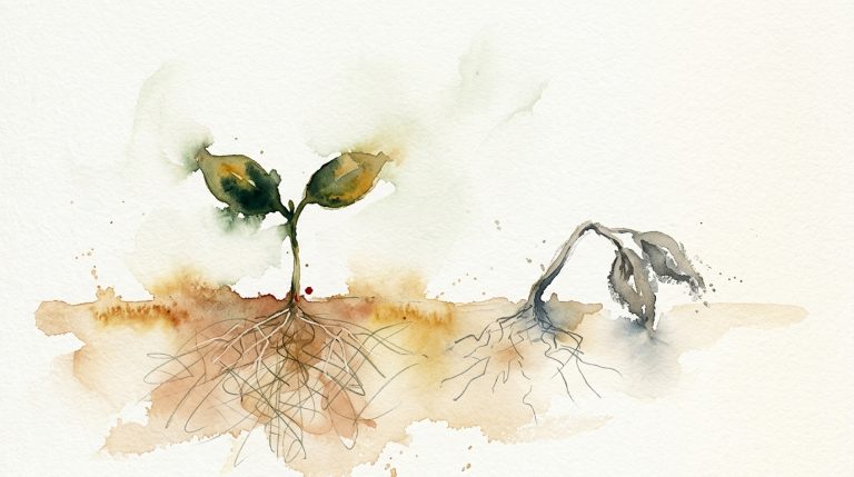Aquarell: Zwei Keimlinge nebeneinander — einer frisch und aufrecht, einer welk und zusammengesunken.