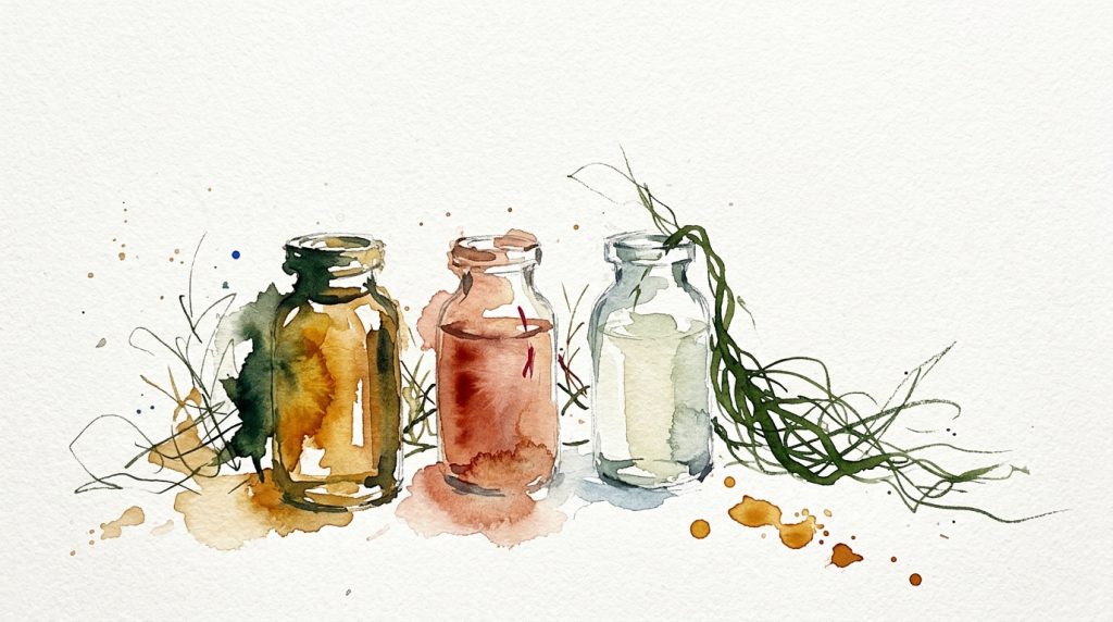 Drei aquarellierte Glasfläschchen mit goldgelbem, rotbraunem und blassem Öl, dahinter eine Algenpflanze.