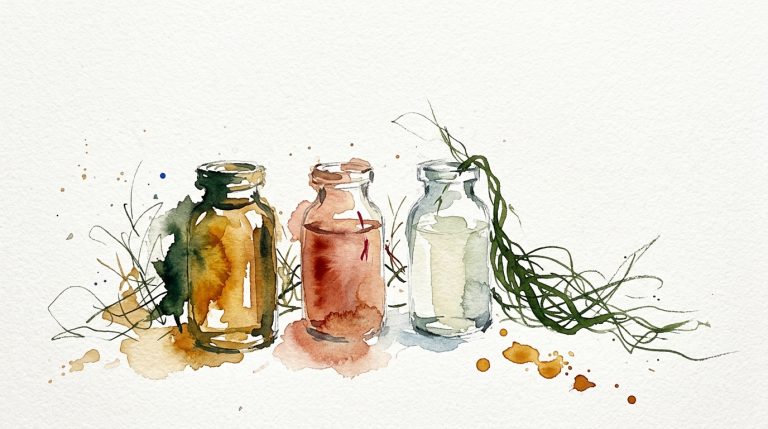 Drei aquarellierte Glasfläschchen mit goldgelbem, rotbraunem und blassem Öl, dahinter eine Algenpflanze.