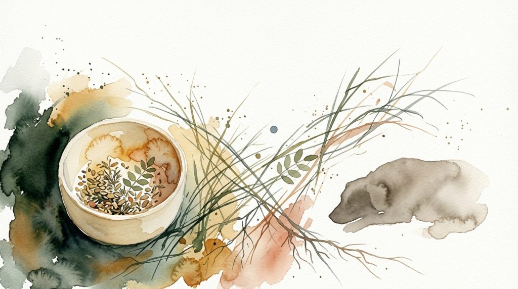 Aquarell: Keramiknapf mit Samen links, ruhende Hundesilhouette rechts, verbunden durch botanische Linien.