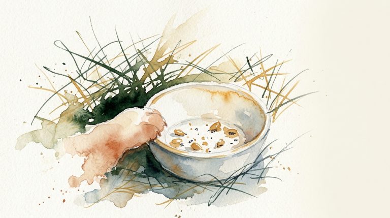 Aquarell: Fast leerer Keramiknapf mit wenigen Körnern, daneben eine kleine weiche Welpenpfote, loser Stil.