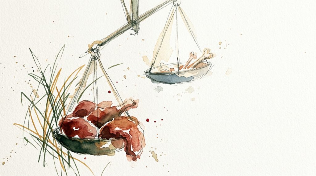 Aquarell einer schiefen Balkenwaage: eine Seite schwer mit rohem Fleisch, die andere leicht mit Knochensplittern.