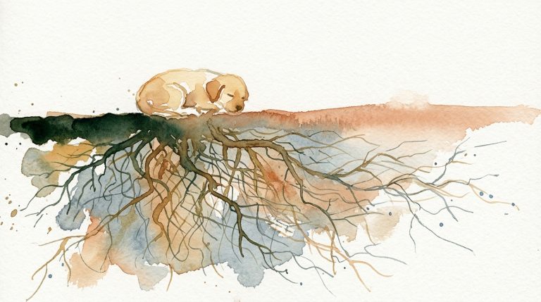 Aquarell: Welpensilhouette über Erdquerschnitt mit weitverzweigtem Wurzelgeflecht in Ocker- und Grüntönen.