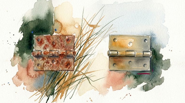 Aquarell zweier alter Türscharniere – links verrostet und rau, rechts geölt und gepflegt, umgeben von losen Grasstricheln.