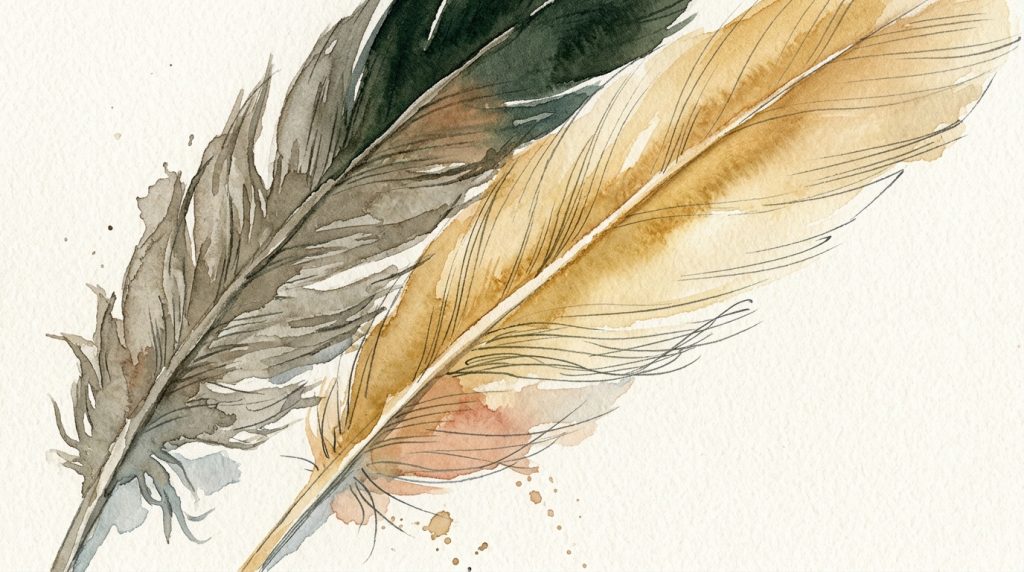Aquarell zweier Federn nebeneinander: eine stumpf und graubraun, eine warm-golden glänzend — Kontrast von mattem und leuchtendem Fell.