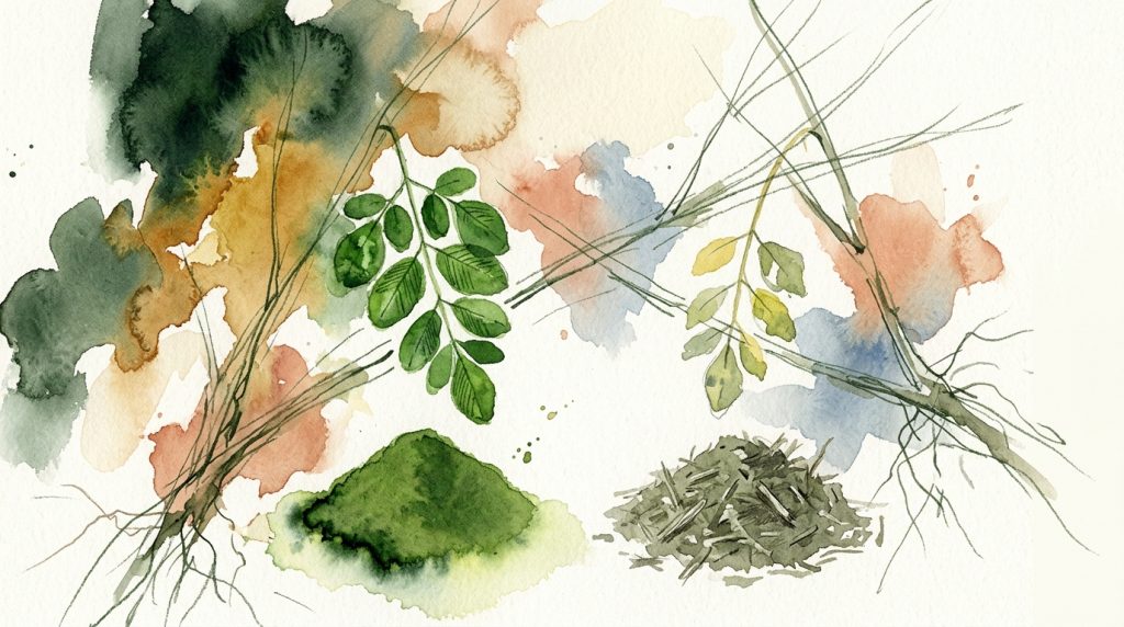 Aquarell: zwei Moringa-Blattpulver-Häufchen im Vergleich – leuchtend grün und fein links, graugrün und grob rechts.