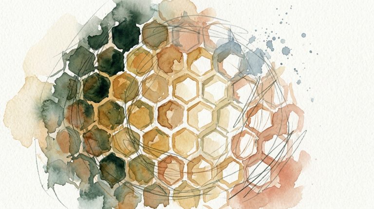 Aquarell-Nahaufnahme eines Wabenquerschnitts in Ocker und Sienna, Zellstruktur löst sich rechts in weißes Papier auf.