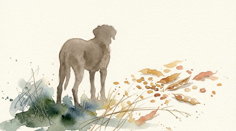 Aquarell: Silhouette eines alten Hundes von hinten, schmale Hinterhand, daneben aufgestreute Samen und geöffnete Hülsenfrüchte.