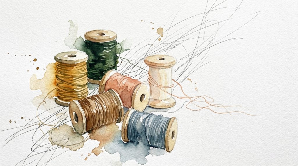 Aquarell: Fünf Garnspulen in Erdtönen, eine fast leer mit auslaufenden Fäden — Symbol für fehlende Nährstoffe.