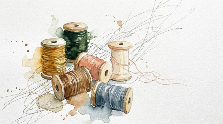 Aquarell: Fünf Garnspulen in Erdtönen, eine fast leer mit auslaufenden Fäden — Symbol für fehlende Nährstoffe.
