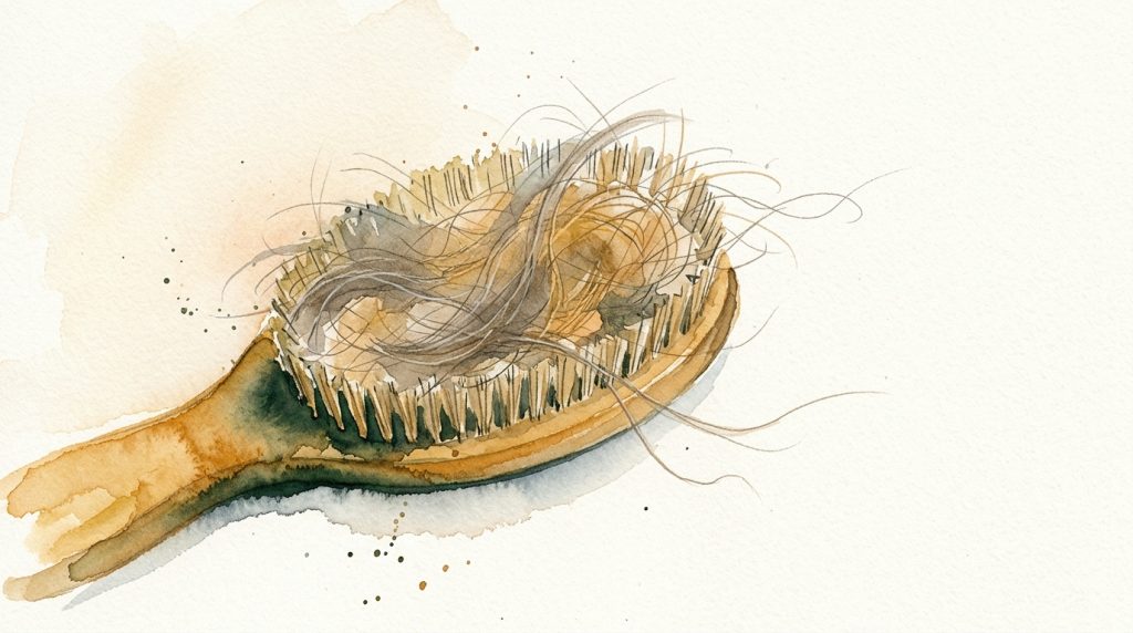 Aquarell einer Hundebürste von oben, gefüllt mit ausgefallenen Fellsträhnen in Grau- und Goldtönen.