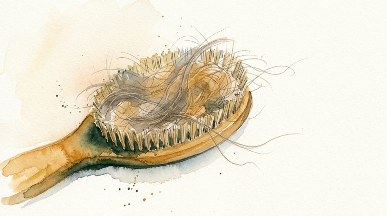 Aquarell einer Hundebürste von oben, gefüllt mit ausgefallenen Fellsträhnen in Grau- und Goldtönen.