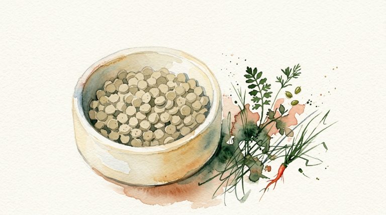 Aquarell: Keramikhundenapf mit trockenen Pellets, daneben lebendige botanische Kräuterzweige im Kontrast.