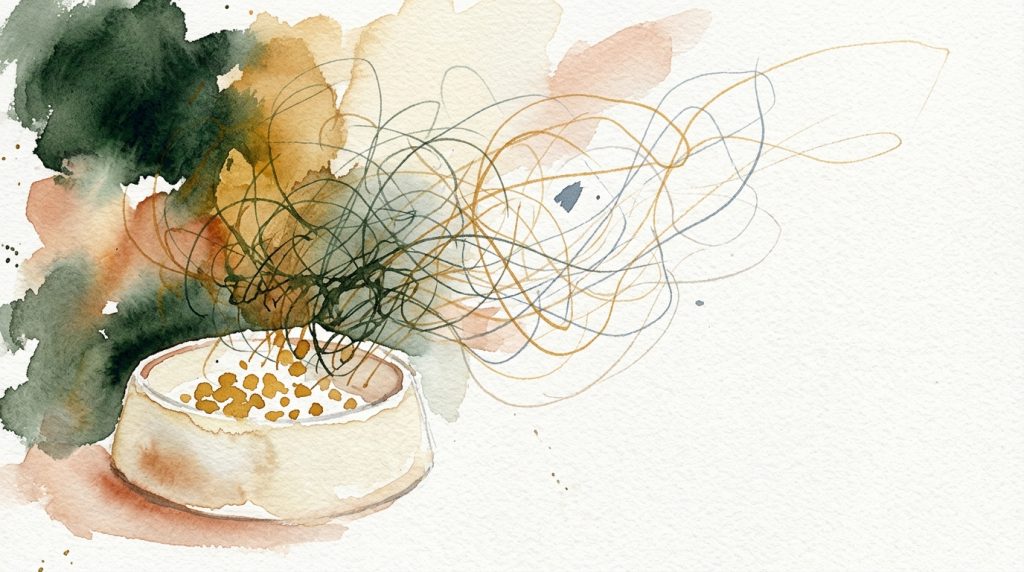 Aquarell: Keramik-Hundenapf links, aus dem energetische Linien-Bögen nach rechts ins Leere strömen.