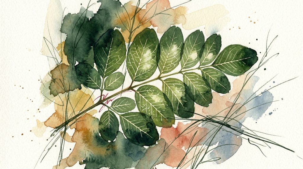 Aquarell eines Moringa-Blattes von unten beleuchtet – feine Blattadern leuchten als helles Netzwerk durch dunkelgrüne Fiederblättchen.