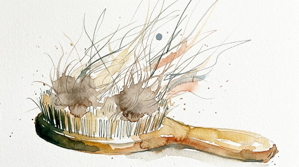 Aquarell: Hundebürste mit Fellresten, aus der Haarsträhnen in botanische Scribble-Linien übergehen.