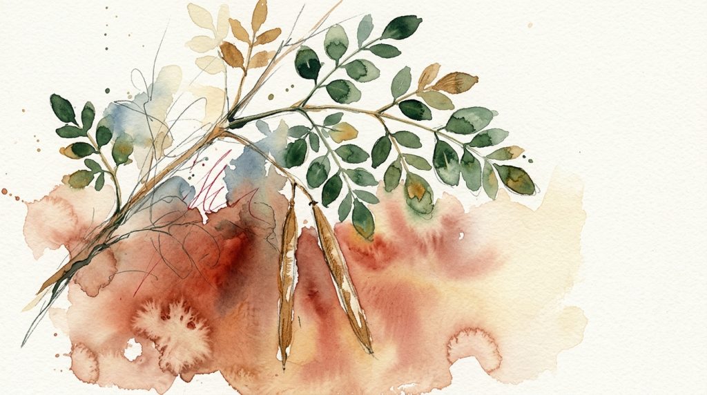Aquarell: Moringa-Zweig mit Schoten über einem warmen, glühenden Terracotta-Wash — Symbol für stille Entzündung.