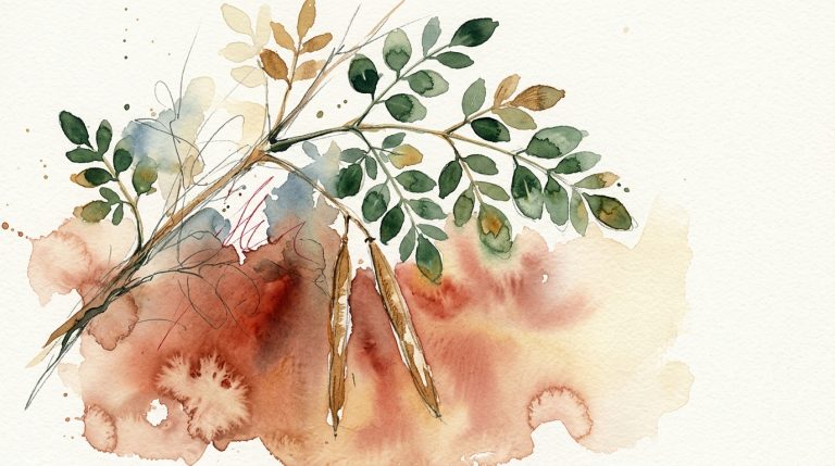 Aquarell: Moringa-Zweig mit Schoten über einem warmen, glühenden Terracotta-Wash — Symbol für stille Entzündung.