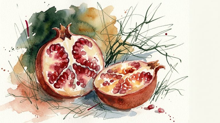 Aquarell: aufgeschnittener Granatapfel mit rubinroten Kernen in zellulärer Kammerstruktur, locker gemalt auf cremefarbenem Papier.